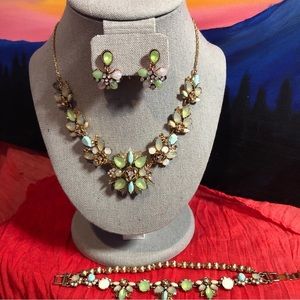 Marchesa Gold Green Turquoise Opal Rose Crystal Cluster Necklace Bracelet 3pcSet